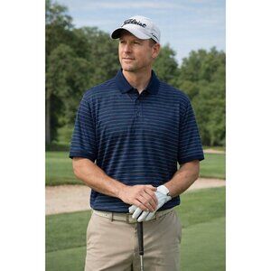 Cotton Traders Sport Blue Stripe Polo NEW Men's size Large 70s two-ply